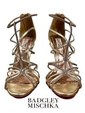 Badgley Mischka Nicha II Platinum Metallic Gold Heels Sandals w Crystals 7.5 GUC